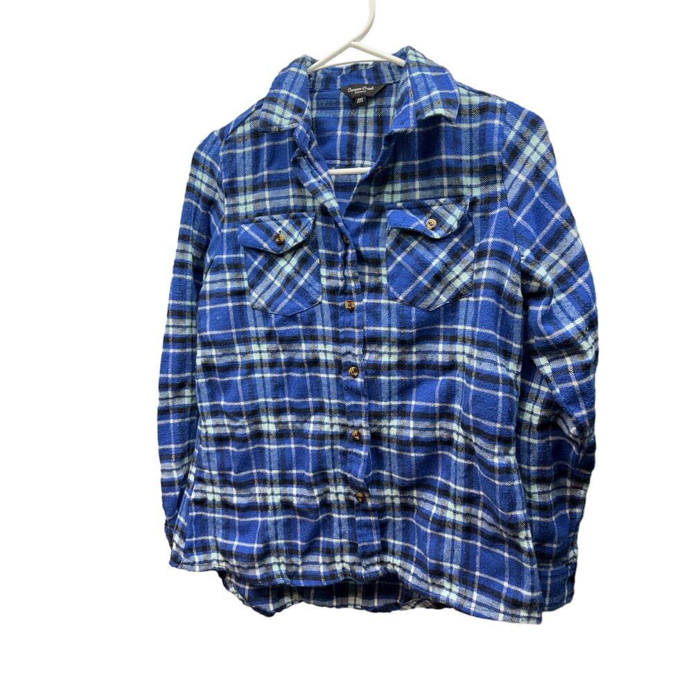 Canyon Creek Womens Medium Blue Plaid Check Casual Button Down Flannel Pocket
